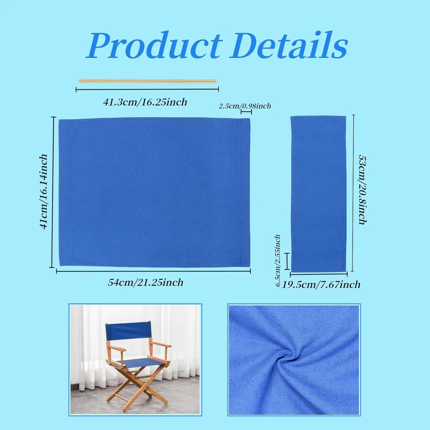 1 Set Director Chair Canvas Replacement with Wood Stick,21.2" L x 16.1" W Portable Replacement Cover Canvas for Directors Chair,Casual Home Directors Chairs Replacements Canvas (Blue)