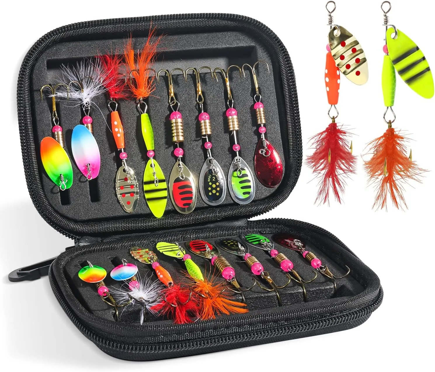 16pcs Fishing Lures Spinner Baits, Trout Bass Salmon Lures Kit with Treble Fishing Hooks & Rooster Tail, Fishing Gears Spinnerbait Spoons Baits for Freshwater Saltwater Trout Walleye, Gift for Men