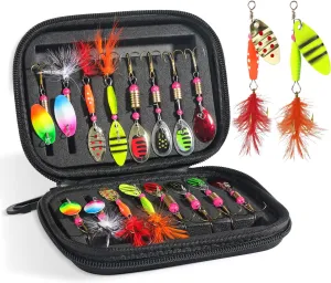 16pcs Fishing Lures Spinner Baits, Trout Bass Salmon Lures Kit with Treble Fishing Hooks & Rooster Tail, Fishing Gears Spinnerbait Spoons Baits for Freshwater Saltwater Trout Walleye, Gift for Men