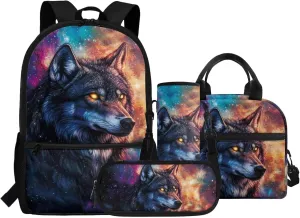 1st Grade Backpack Boys Cool Wolf Backpacks for Boys with Lunch Box Kids Bookbag with Lunch Box 4-in-1 Students Back to School Gifts Bag for Elementary Kindergarten