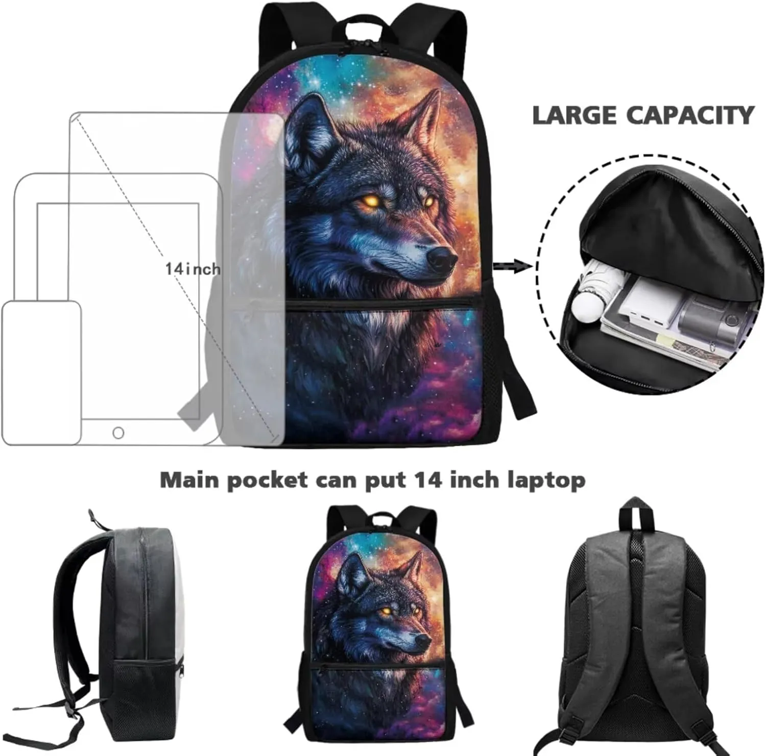 1st Grade Backpack Boys Cool Wolf Backpacks for Boys with Lunch Box Kids Bookbag with Lunch Box 4-in-1 Students Back to School Gifts Bag for Elementary Kindergarten
