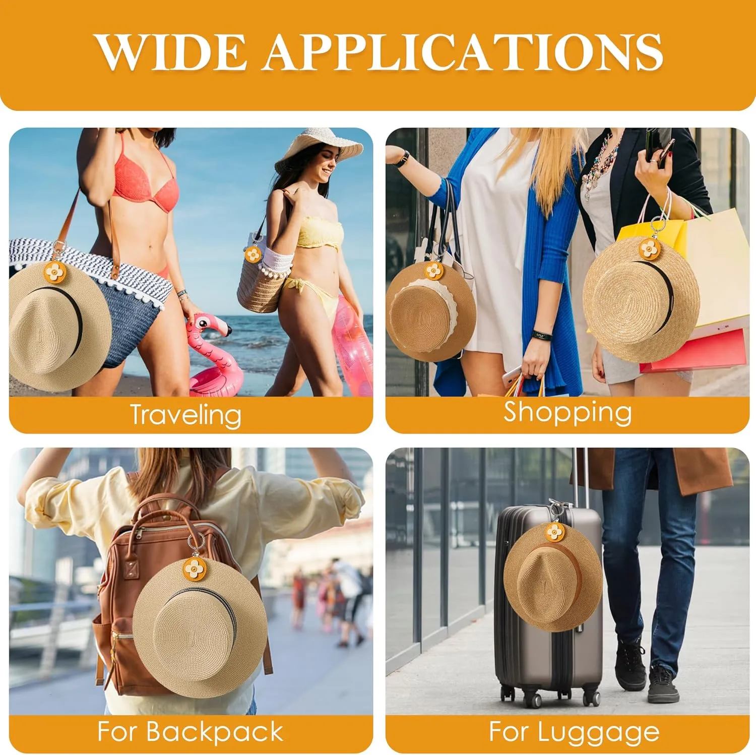 2 Pack Flower Hat Clip for Travel On Bag, Travel Hat Brim Clip for Hanging Handbag Backpacks Luggage, Hat Holder Outdoor Travel Accessories for Women (Yellow)
