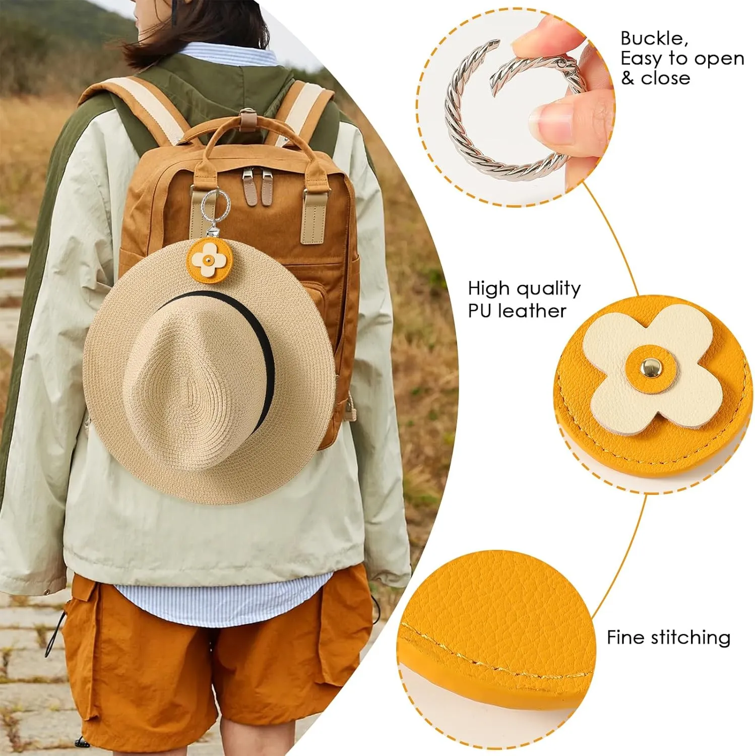 2 Pack Flower Hat Clip for Travel On Bag, Travel Hat Brim Clip for Hanging Handbag Backpacks Luggage, Hat Holder Outdoor Travel Accessories for Women (Yellow)