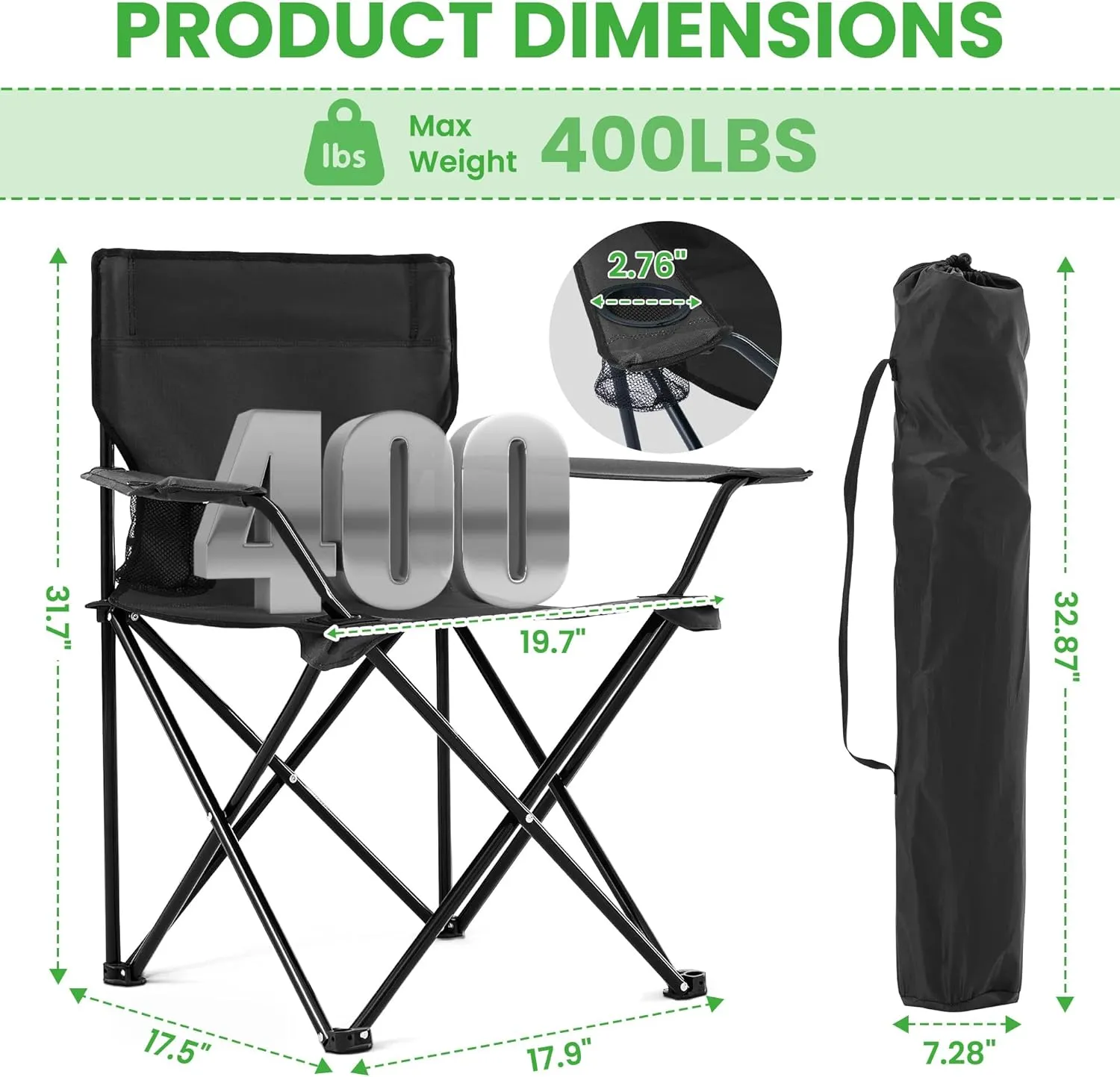 2 Pack Portable Camping Chairs Folding Lawn Chair Outdoor Lightweight Beach Chair with Cup Holder & Carry Bag for Outside Sports, Fishing, Hiking, Travel, Picnic, Backyard, Black