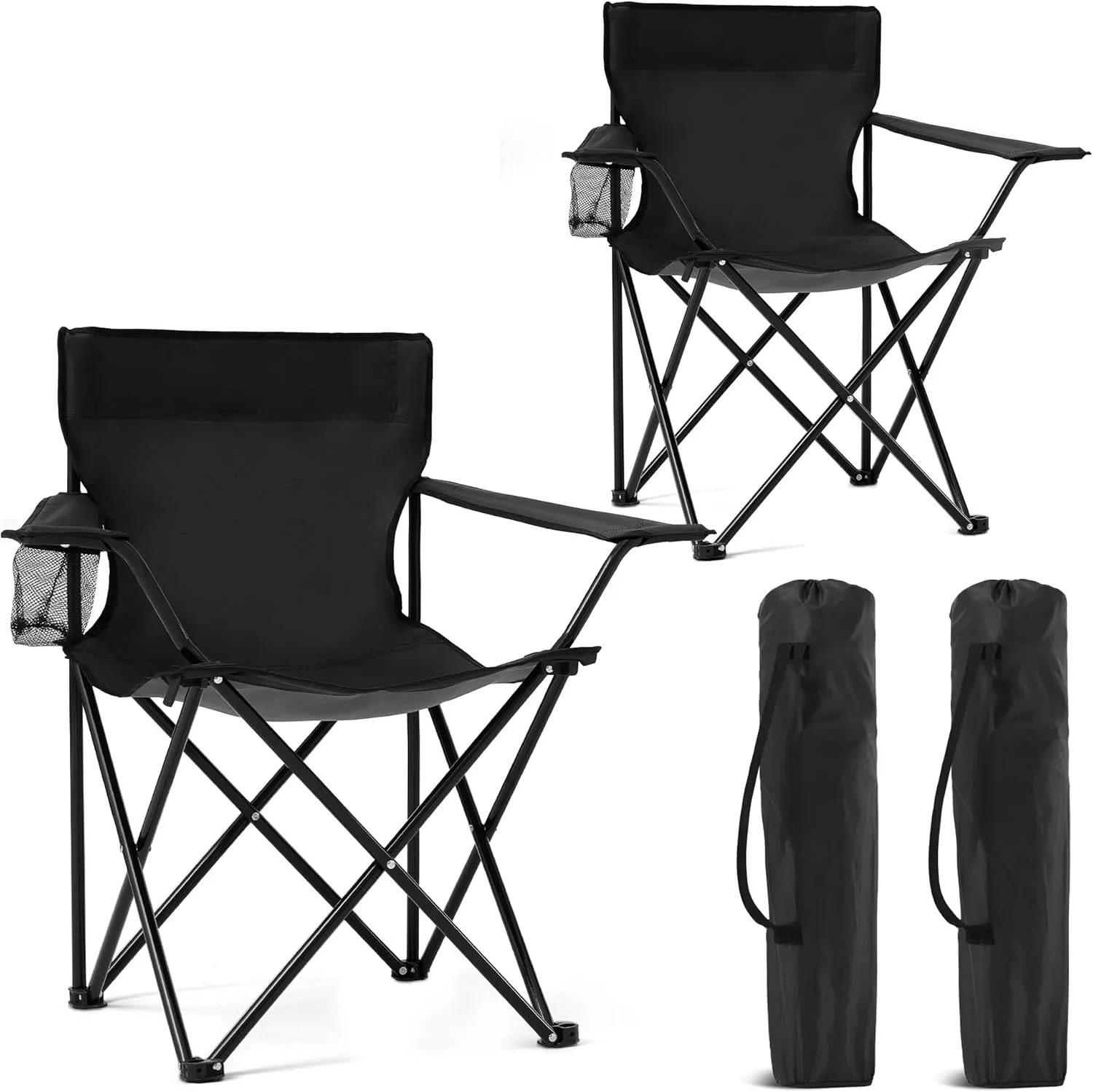 2 Pack Portable Camping Chairs Folding Lawn Chair Outdoor Lightweight Beach Chair with Cup Holder & Carry Bag for Outside Sports, Fishing, Hiking, Travel, Picnic, Backyard, Black