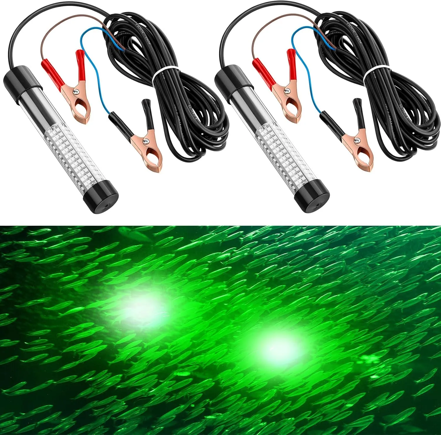 2 Pcs 12V 10W Green Underwater Fishing Light Submersible Lure Bait Light LED Fishing Attracting Light Night Green Glow Fishing Finder Lamp for Pool Boat Sea Ice Fishing Crappie Squid Shad Shrimp