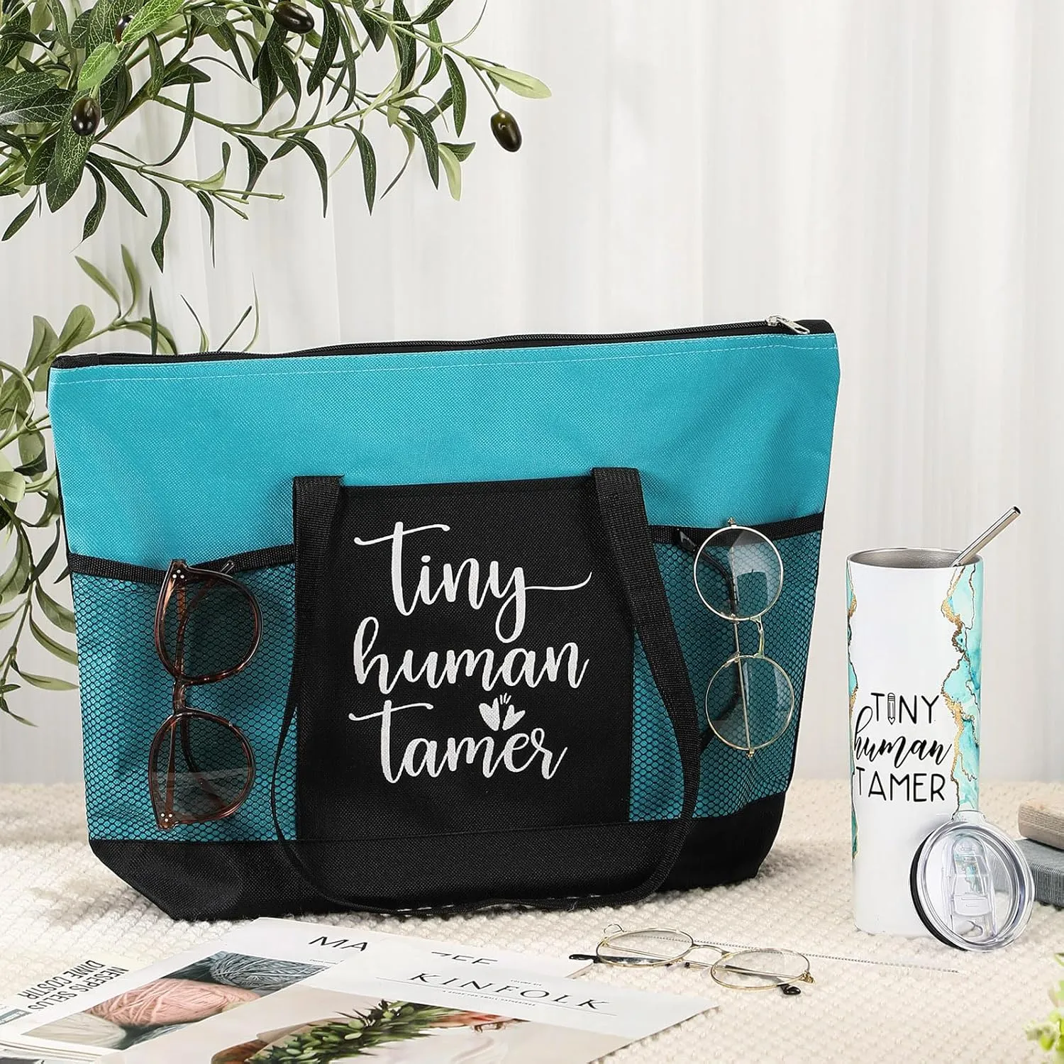 2 Pcs Mothers Day Gifts for Mom Women Tote Bag 20 oz Tumbler with Lid and Straw Tiny Human Tamer Teacher Appreciation Gifts for Thank You Daycare Preschool Babysitter(Green)