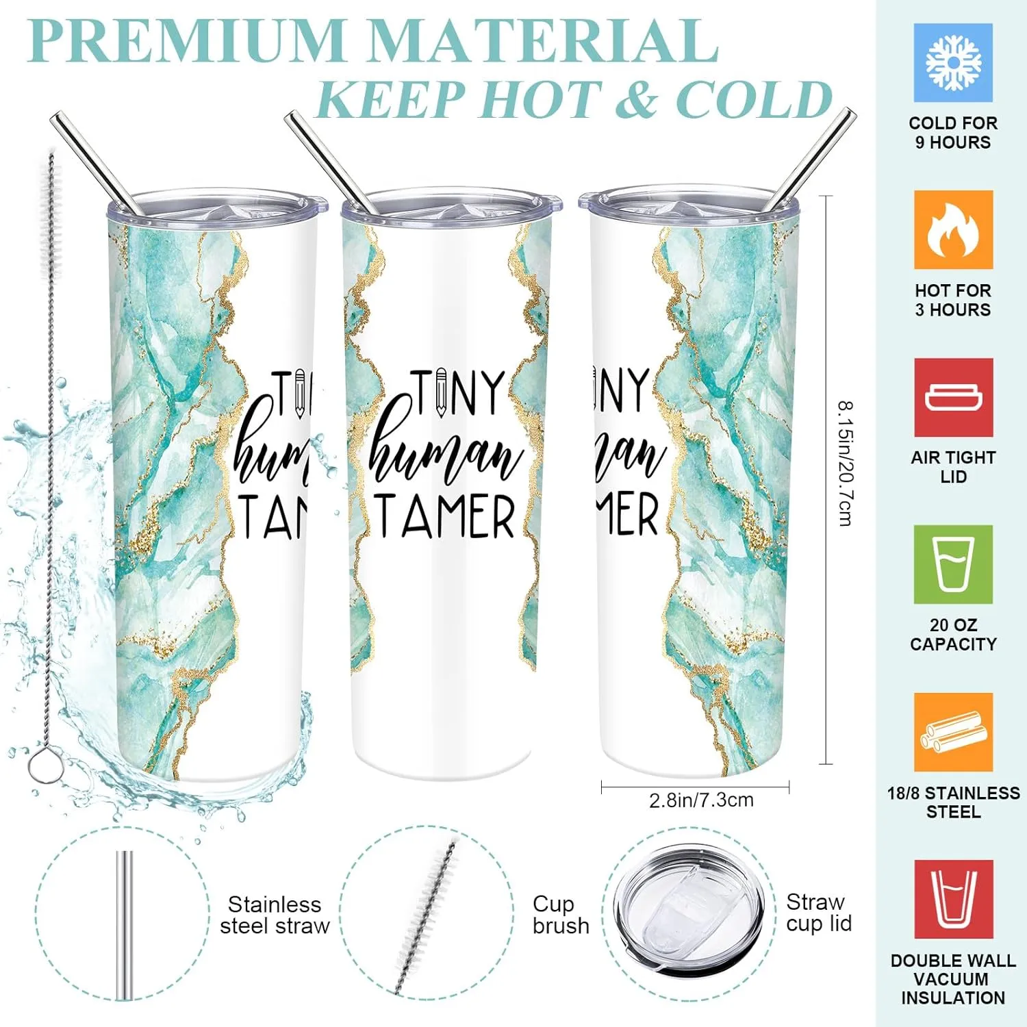 2 Pcs Mothers Day Gifts for Mom Women Tote Bag 20 oz Tumbler with Lid and Straw Tiny Human Tamer Teacher Appreciation Gifts for Thank You Daycare Preschool Babysitter(Green)
