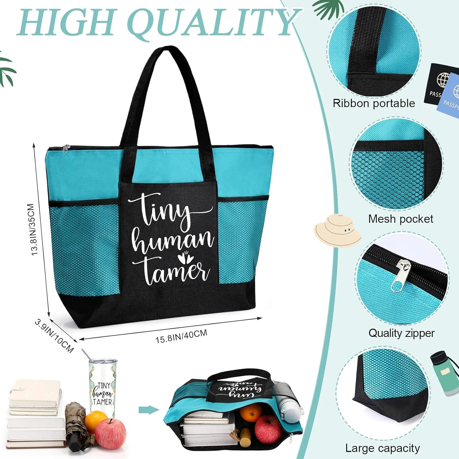 2 Pcs Mothers Day Gifts for Mom Women Tote Bag 20 oz Tumbler with Lid and Straw Tiny Human Tamer Teacher Appreciation Gifts for Thank You Daycare Preschool Babysitter(Green)