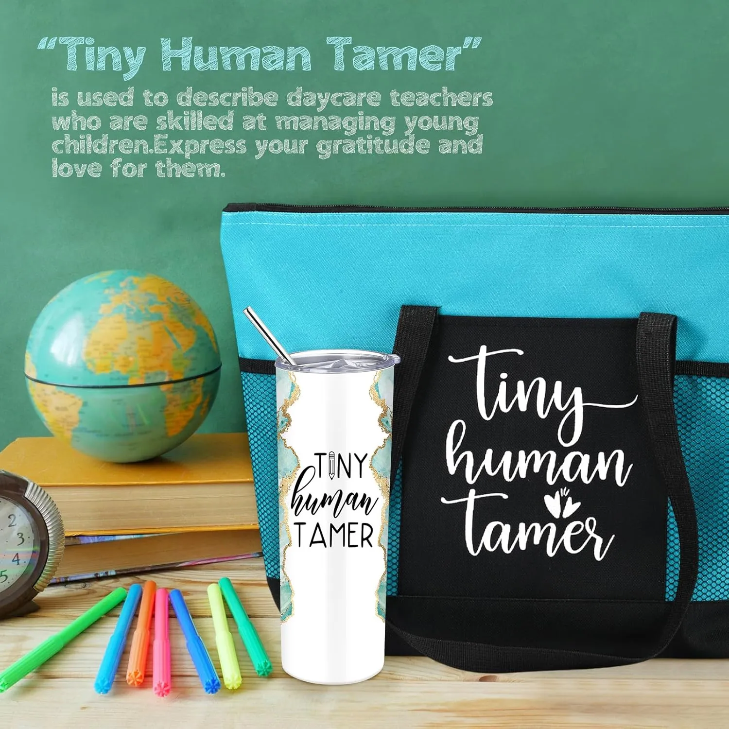 2 Pcs Mothers Day Gifts for Mom Women Tote Bag 20 oz Tumbler with Lid and Straw Tiny Human Tamer Teacher Appreciation Gifts for Thank You Daycare Preschool Babysitter(Green)