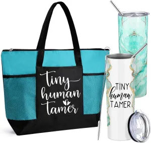2 Pcs Mothers Day Gifts for Mom Women Tote Bag 20 oz Tumbler with Lid and Straw Tiny Human Tamer Teacher Appreciation Gifts for Thank You Daycare Preschool Babysitter(Green)