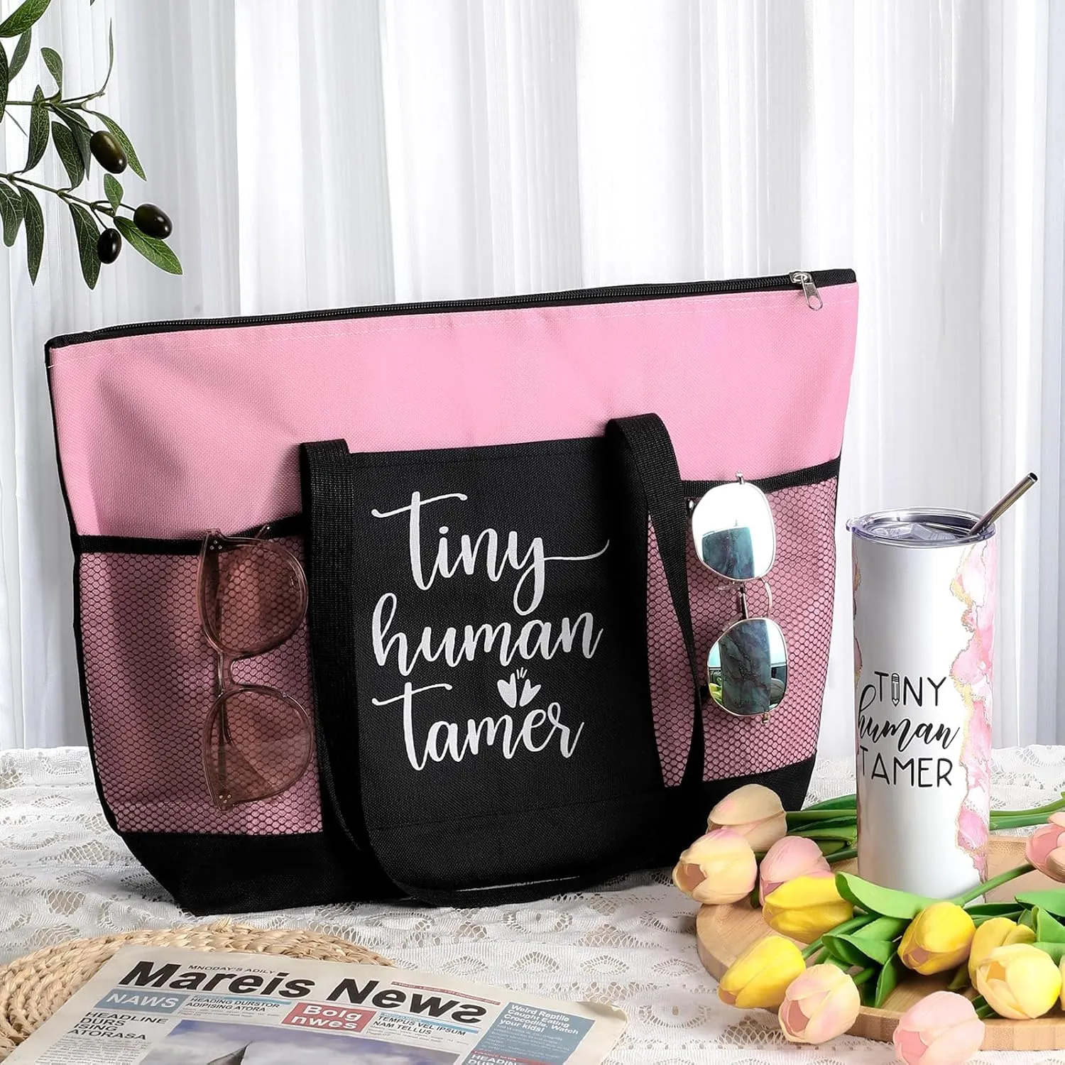 2 Pcs Mothers Day Gifts for Mom Women Tote Bag 20 oz Tumbler with Lid and Straw Tiny Human Tamer Teacher Appreciation Gifts for Thank You Daycare Preschool Babysitter(Pink)