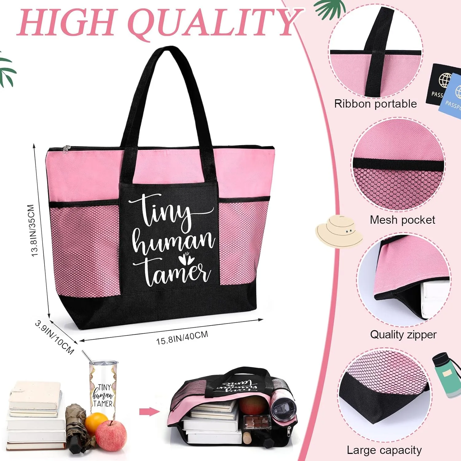 2 Pcs Mothers Day Gifts for Mom Women Tote Bag 20 oz Tumbler with Lid and Straw Tiny Human Tamer Teacher Appreciation Gifts for Thank You Daycare Preschool Babysitter(Pink)