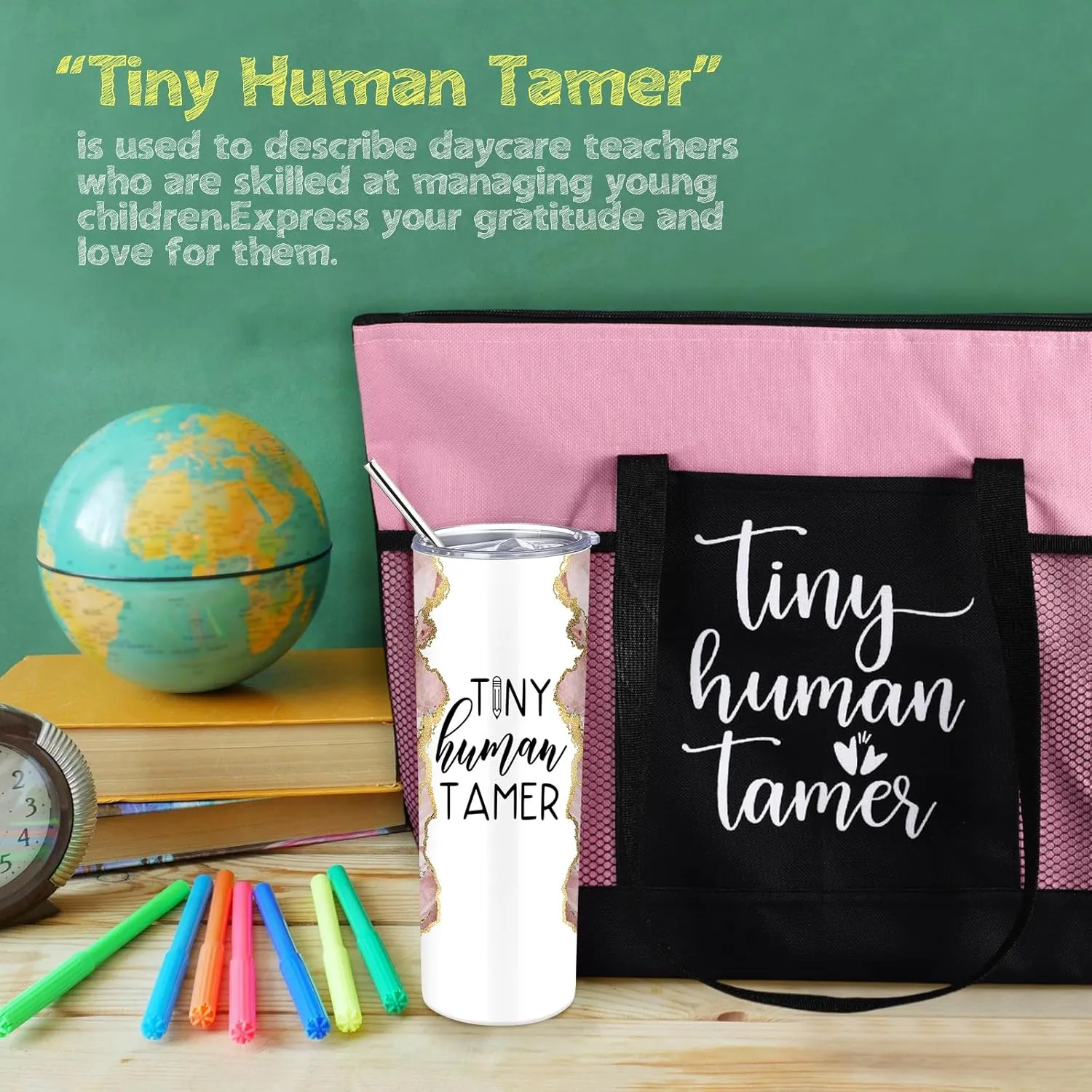 2 Pcs Mothers Day Gifts for Mom Women Tote Bag 20 oz Tumbler with Lid and Straw Tiny Human Tamer Teacher Appreciation Gifts for Thank You Daycare Preschool Babysitter(Pink)