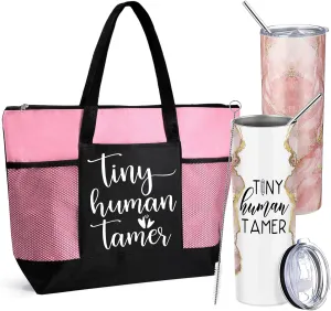 2 Pcs Mothers Day Gifts for Mom Women Tote Bag 20 oz Tumbler with Lid and Straw Tiny Human Tamer Teacher Appreciation Gifts for Thank You Daycare Preschool Babysitter(Pink)