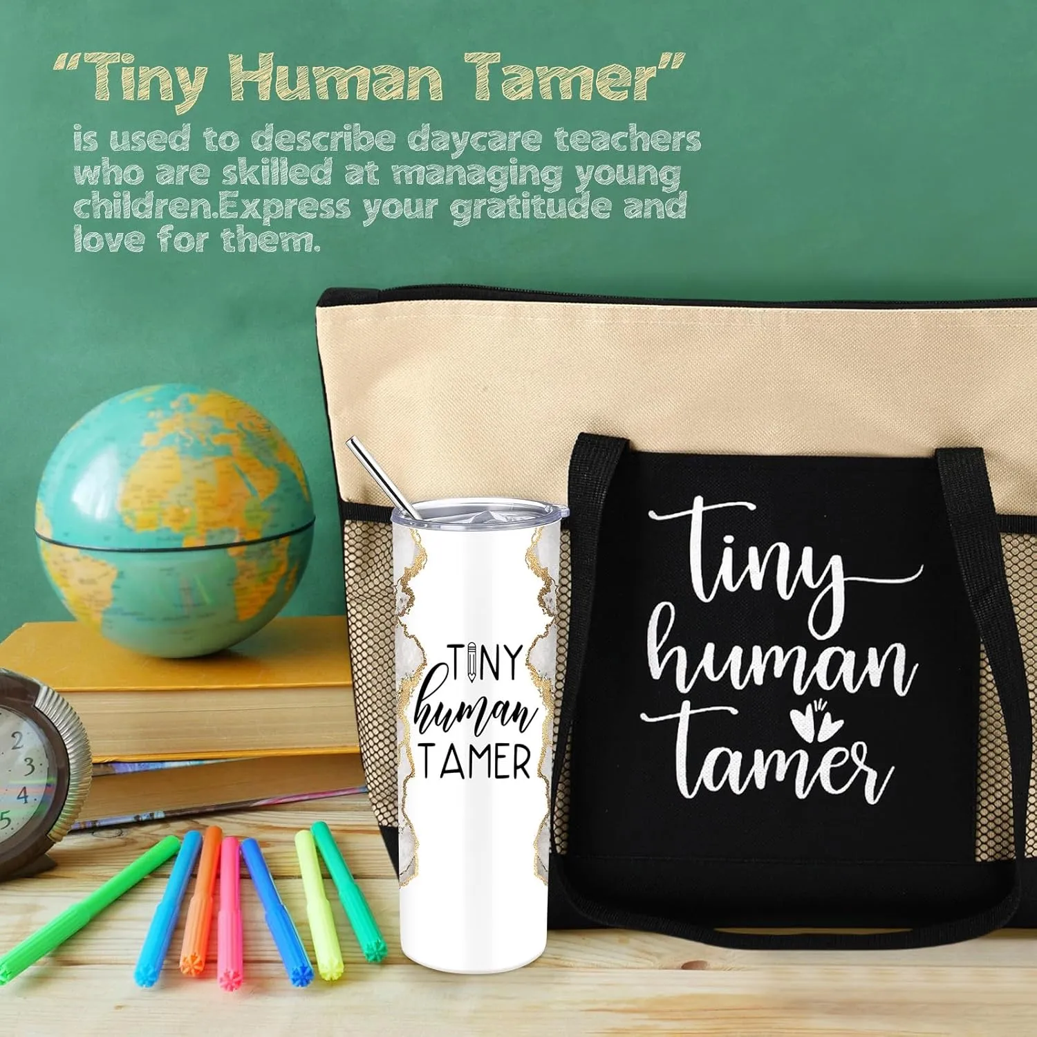2 Pcs Mothers Day Gifts for Mom Women Tote Bag 20 oz Tumbler with Lid and Straw Tiny Human Tamer Teacher Appreciation Gifts for Thank You Daycare Preschool Babysitter(White)