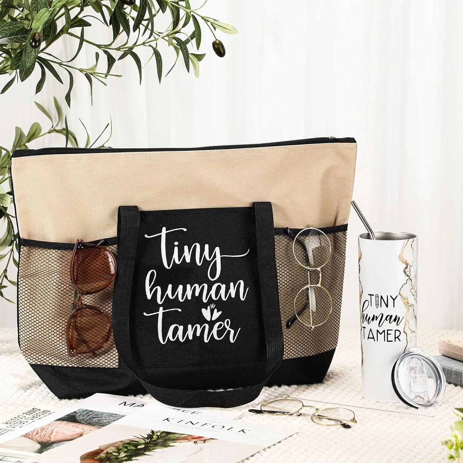 2 Pcs Mothers Day Gifts for Mom Women Tote Bag 20 oz Tumbler with Lid and Straw Tiny Human Tamer Teacher Appreciation Gifts for Thank You Daycare Preschool Babysitter(White)