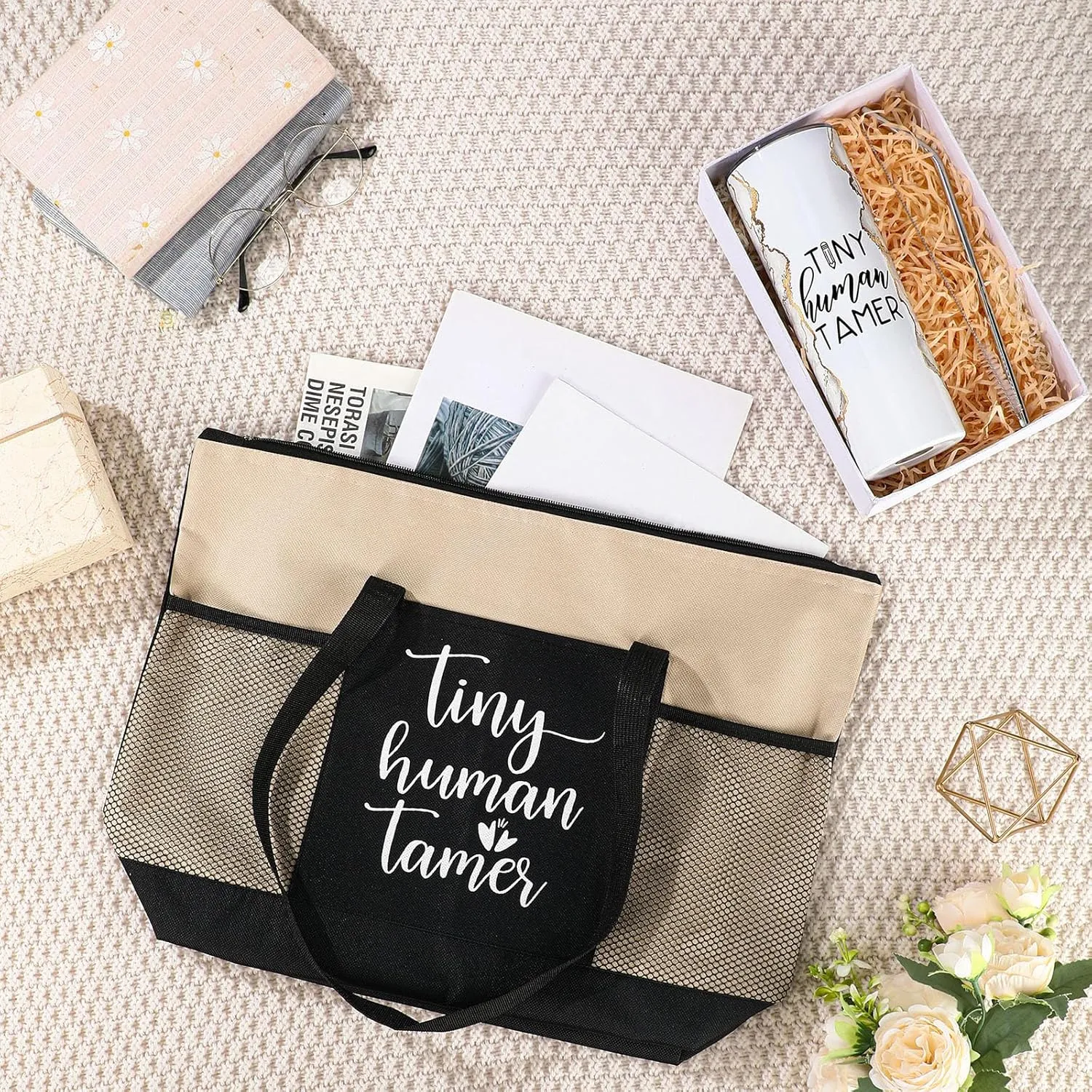 2 Pcs Mothers Day Gifts for Mom Women Tote Bag 20 oz Tumbler with Lid and Straw Tiny Human Tamer Teacher Appreciation Gifts for Thank You Daycare Preschool Babysitter(White)