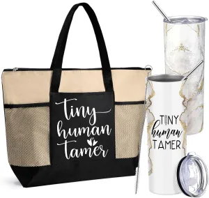 2 Pcs Mothers Day Gifts for Mom Women Tote Bag 20 oz Tumbler with Lid and Straw Tiny Human Tamer Teacher Appreciation Gifts for Thank You Daycare Preschool Babysitter(White)