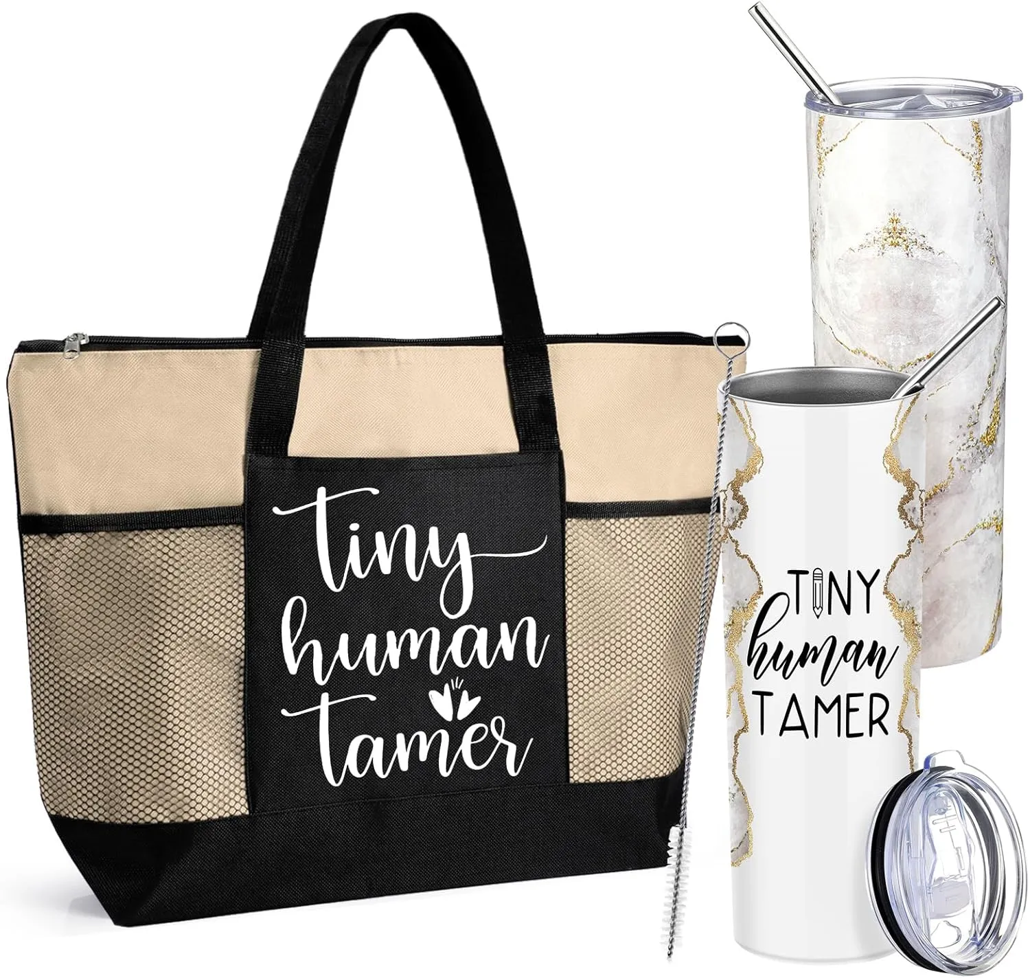 2 Pcs Mothers Day Gifts for Mom Women Tote Bag 20 oz Tumbler with Lid and Straw Tiny Human Tamer Teacher Appreciation Gifts for Thank You Daycare Preschool Babysitter(White)