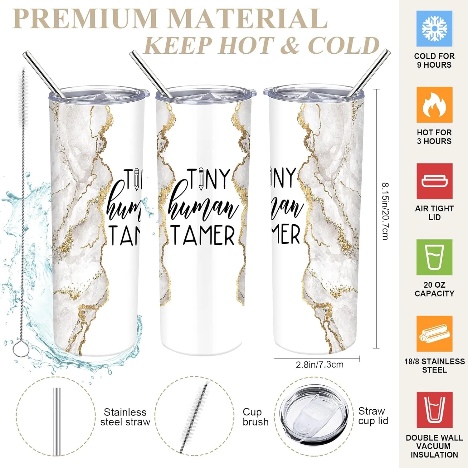 2 Pcs Mothers Day Gifts for Mom Women Tote Bag 20 oz Tumbler with Lid and Straw Tiny Human Tamer Teacher Appreciation Gifts for Thank You Daycare Preschool Babysitter(White)