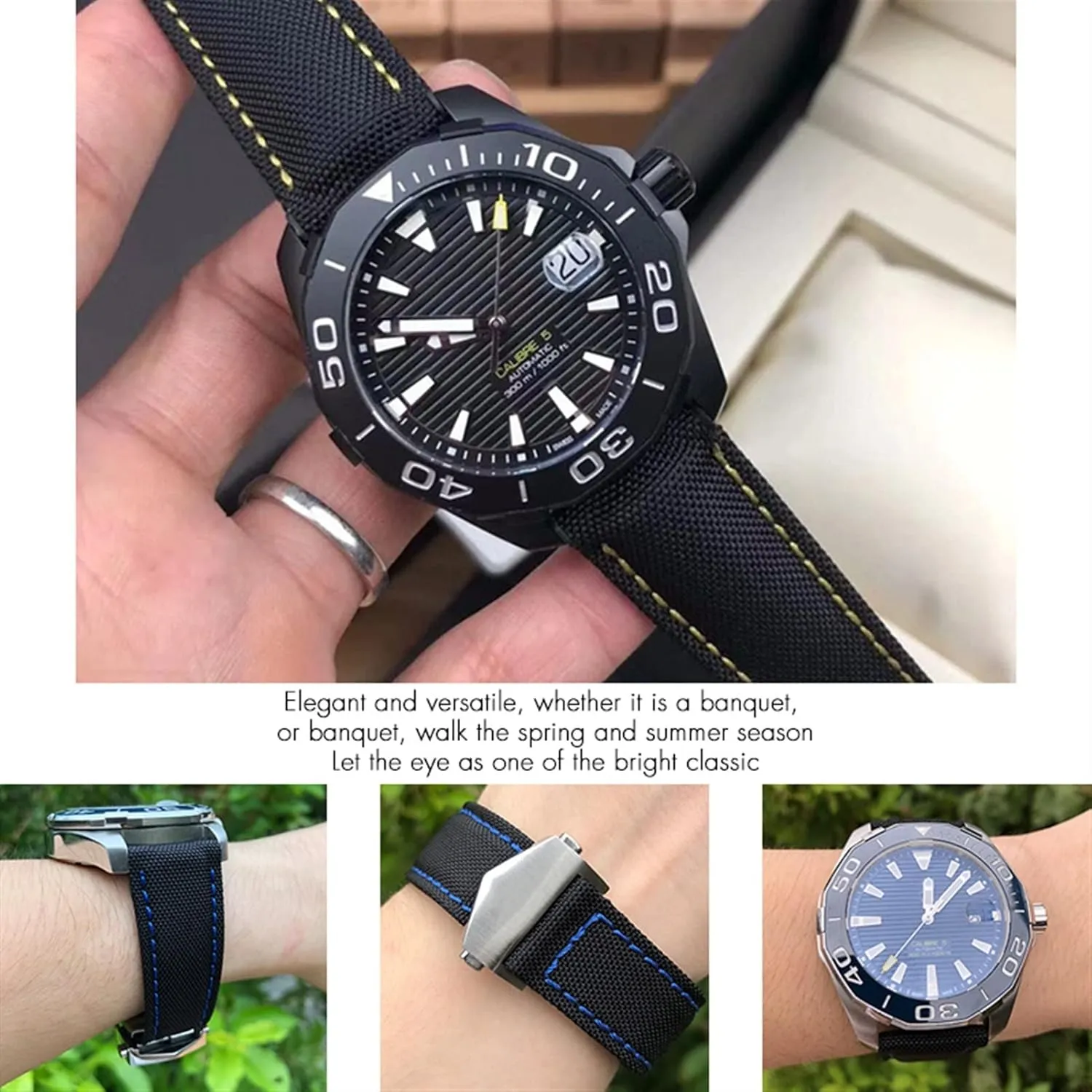 20mm 22mm Watch Bracelets Canvas Nylon Leather Watch Strap Fold Buckle Black Watch Band，For Tag Heuer CARRERA AQUARACER Series Watch Band Replace
