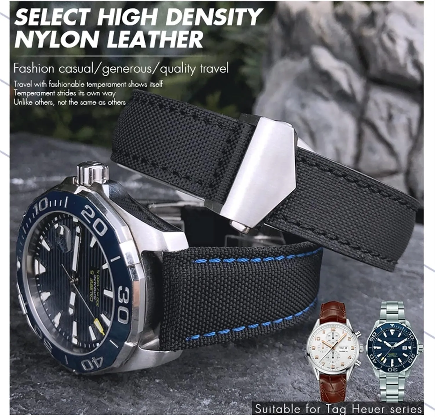20mm 22mm Watch Bracelets Canvas Nylon Leather Watch Strap Fold Buckle Black Watch Band，For Tag Heuer CARRERA AQUARACER Series Watch Band Replace