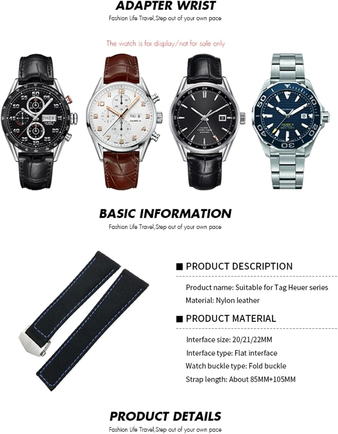 20mm 22mm Watch Bracelets Canvas Nylon Leather Watch Strap Fold Buckle Black Watch Band，For Tag Heuer CARRERA AQUARACER Series Watch Band Replace
