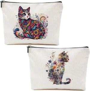 2pcs Watercolor Cat Gifts Cosmetic Bags for Women, Cats Aesthetic design Makeup Bag Zipper Bags Travel Pouch for Sister Bestie, Christmas Birthday Gifts for Women Girls Cat Mom, Cats lovers