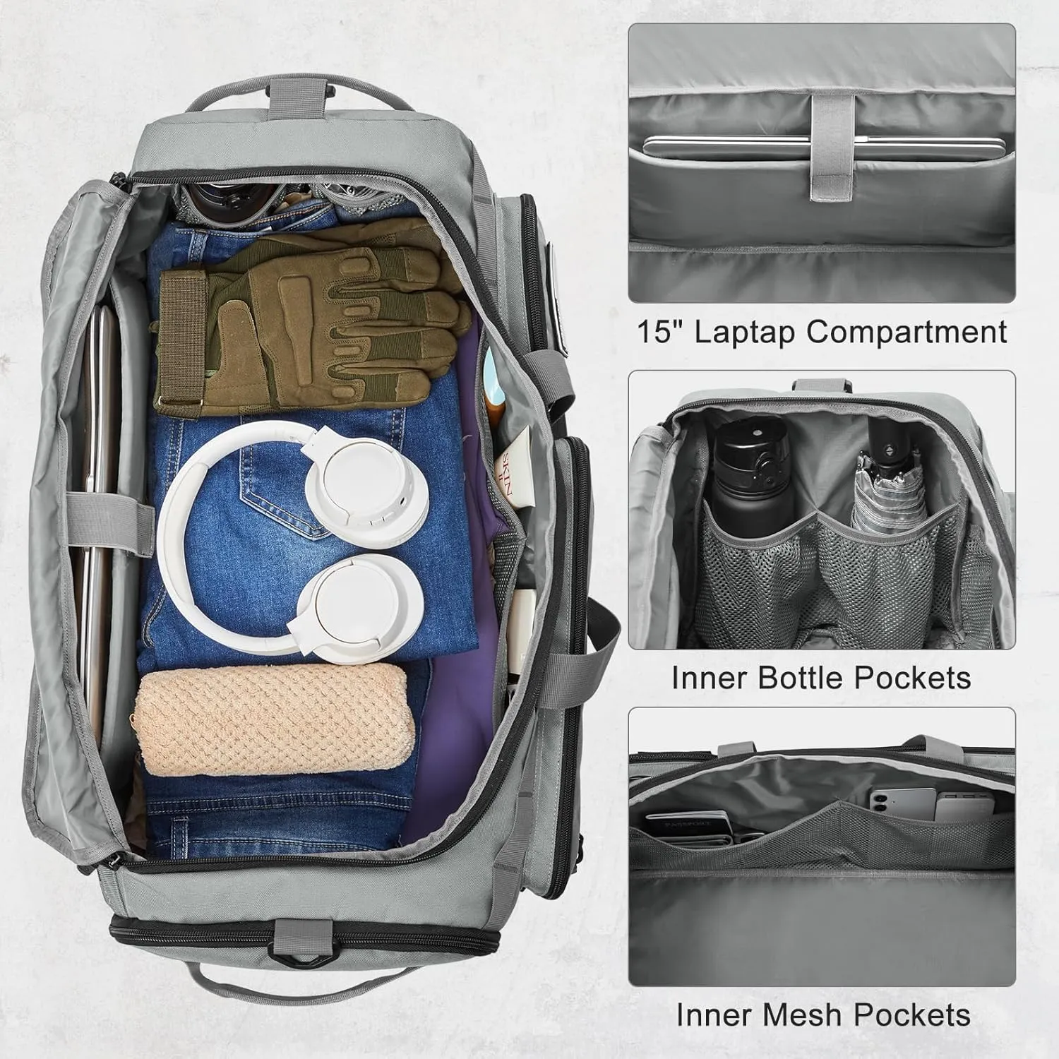 3-in-1 Duffel Bag for Gym & Travel with Shoes Compartment & Wet Pocket, Large 50L Tactical Military Duffle Shoulder Bags for Men and Women (Grey)