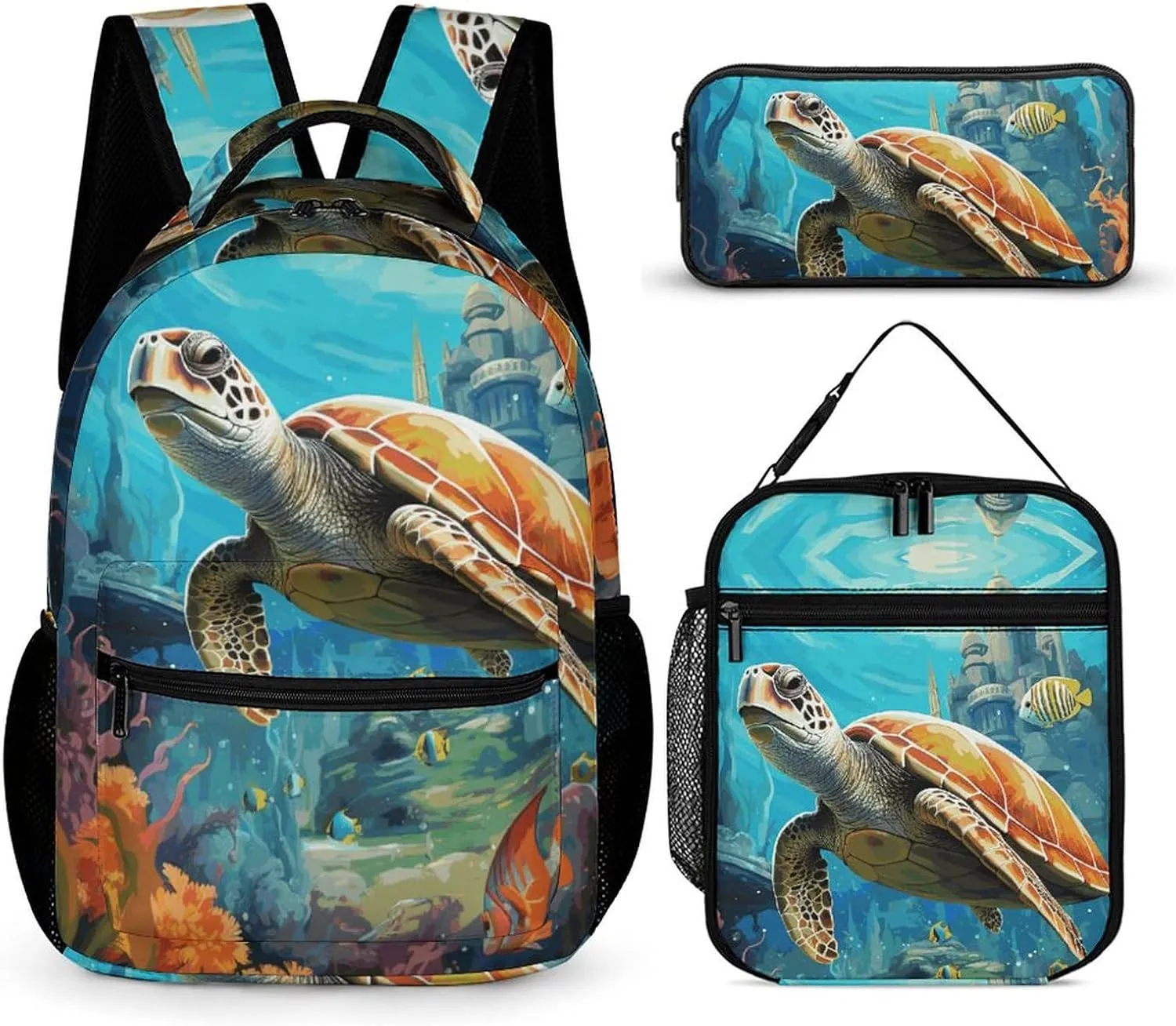 3 Pcs Backpack Set Dolphins Sea Turtle Coral Reef Travel Bag Portable Casual Daypack Sports Backpacks with Lunch Box Pencil Case