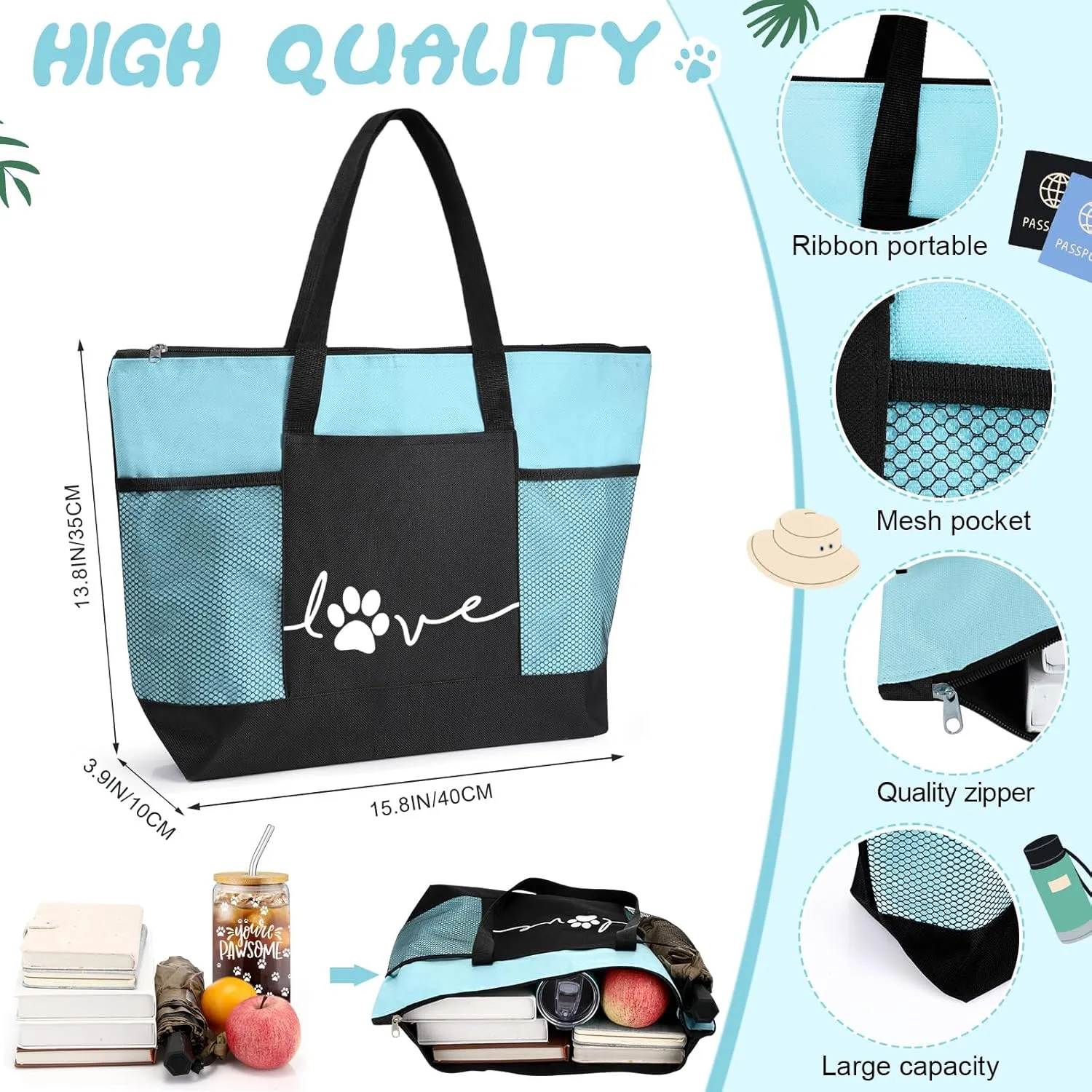 3 Pcs Vet Receptionist Week Gift Tote Bag with Mesh Pocket You're Pawsome Sign 16 oz Glass Cup Paw Sign Badge Reel Vet Must Haves Gift for Assistant Volunteer Veterinary Nurse(Blue)