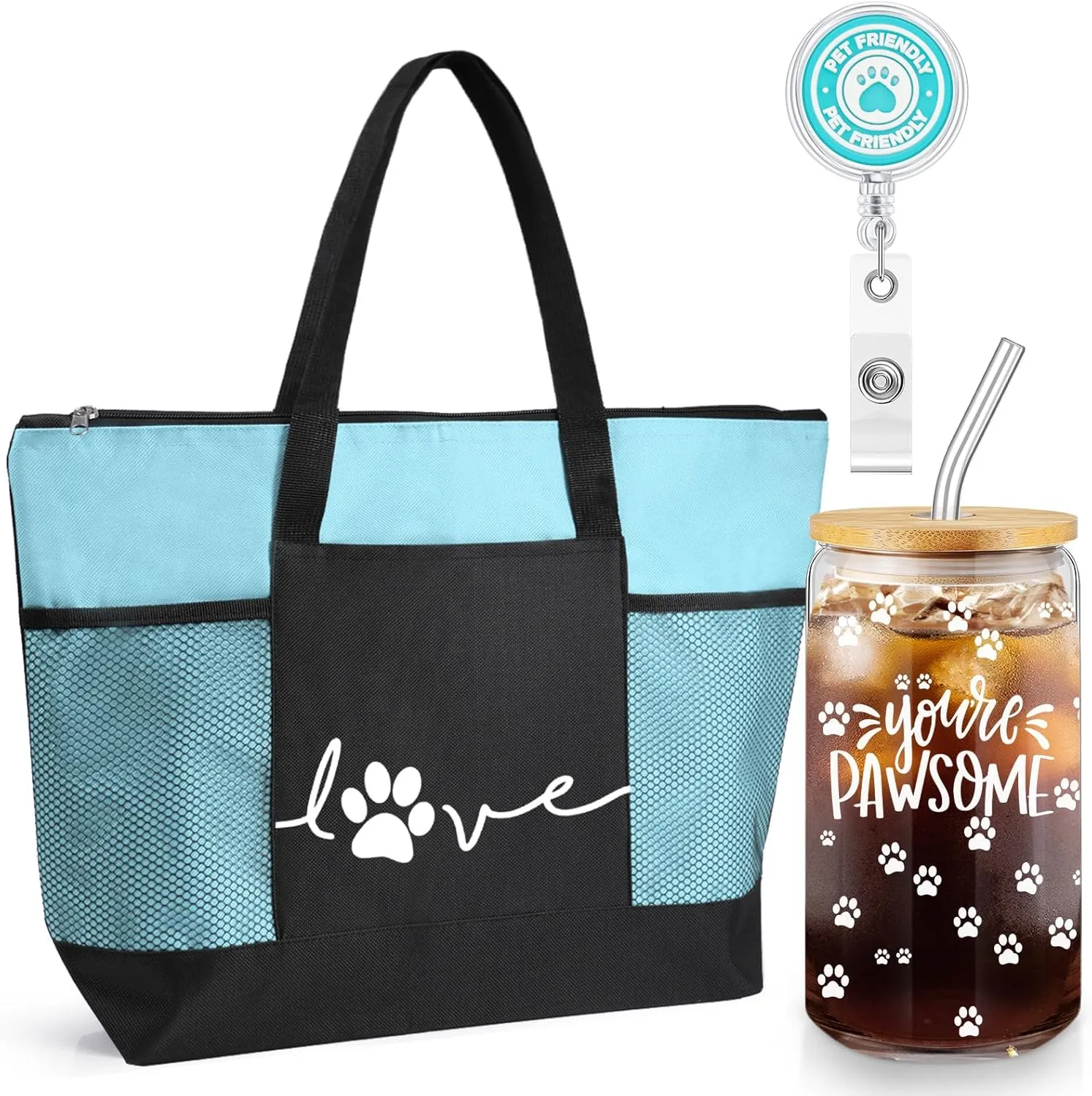 3 Pcs Vet Receptionist Week Gift Tote Bag with Mesh Pocket You're Pawsome Sign 16 oz Glass Cup Paw Sign Badge Reel Vet Must Haves Gift for Assistant Volunteer Veterinary Nurse(Blue)