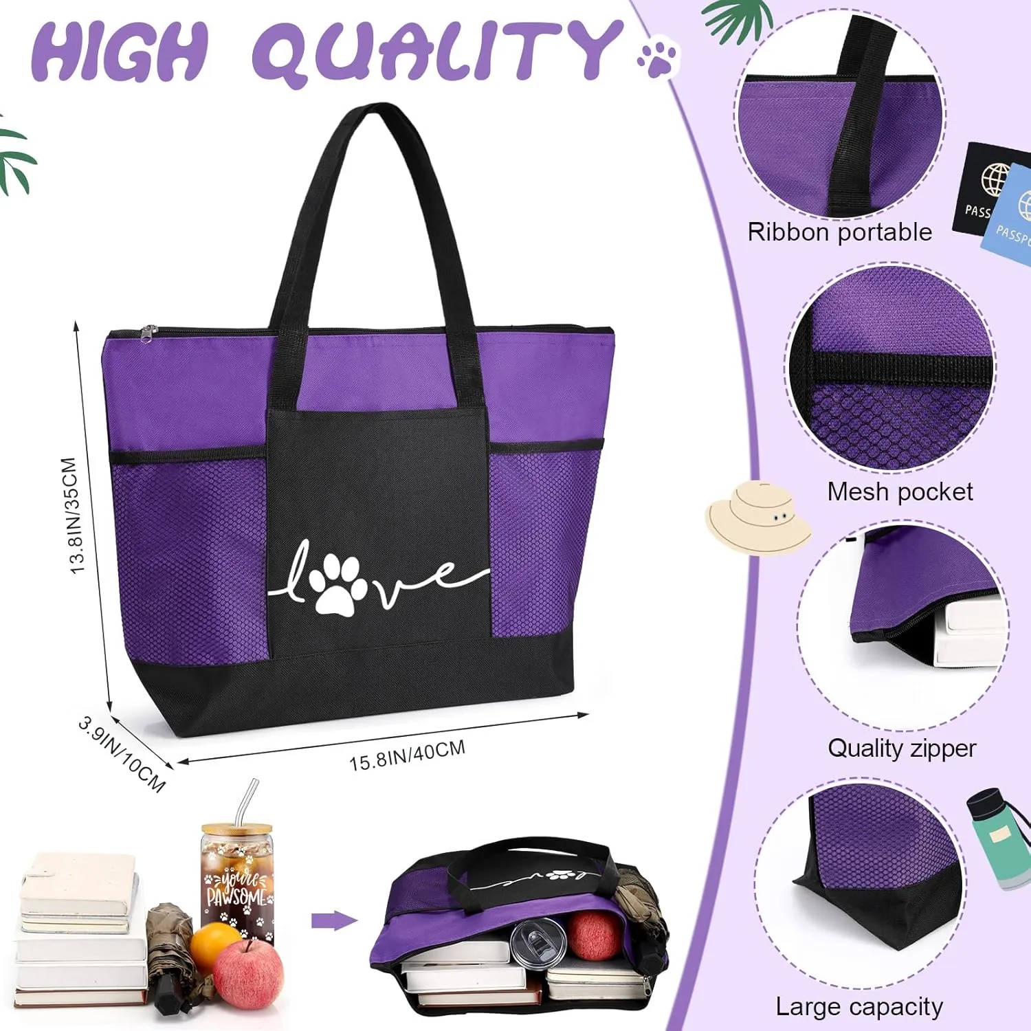 3 Pcs Vet Receptionist Week Gift Tote Bag with Mesh Pocket You're Pawsome Sign 16 oz Glass Cup Paw Sign Badge Reel Vet Must Haves Gift for Assistant Volunteer Veterinary Nurse(Purple)