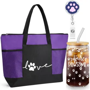 3 Pcs Vet Receptionist Week Gift Tote Bag with Mesh Pocket You're Pawsome Sign 16 oz Glass Cup Paw Sign Badge Reel Vet Must Haves Gift for Assistant Volunteer Veterinary Nurse(Purple)