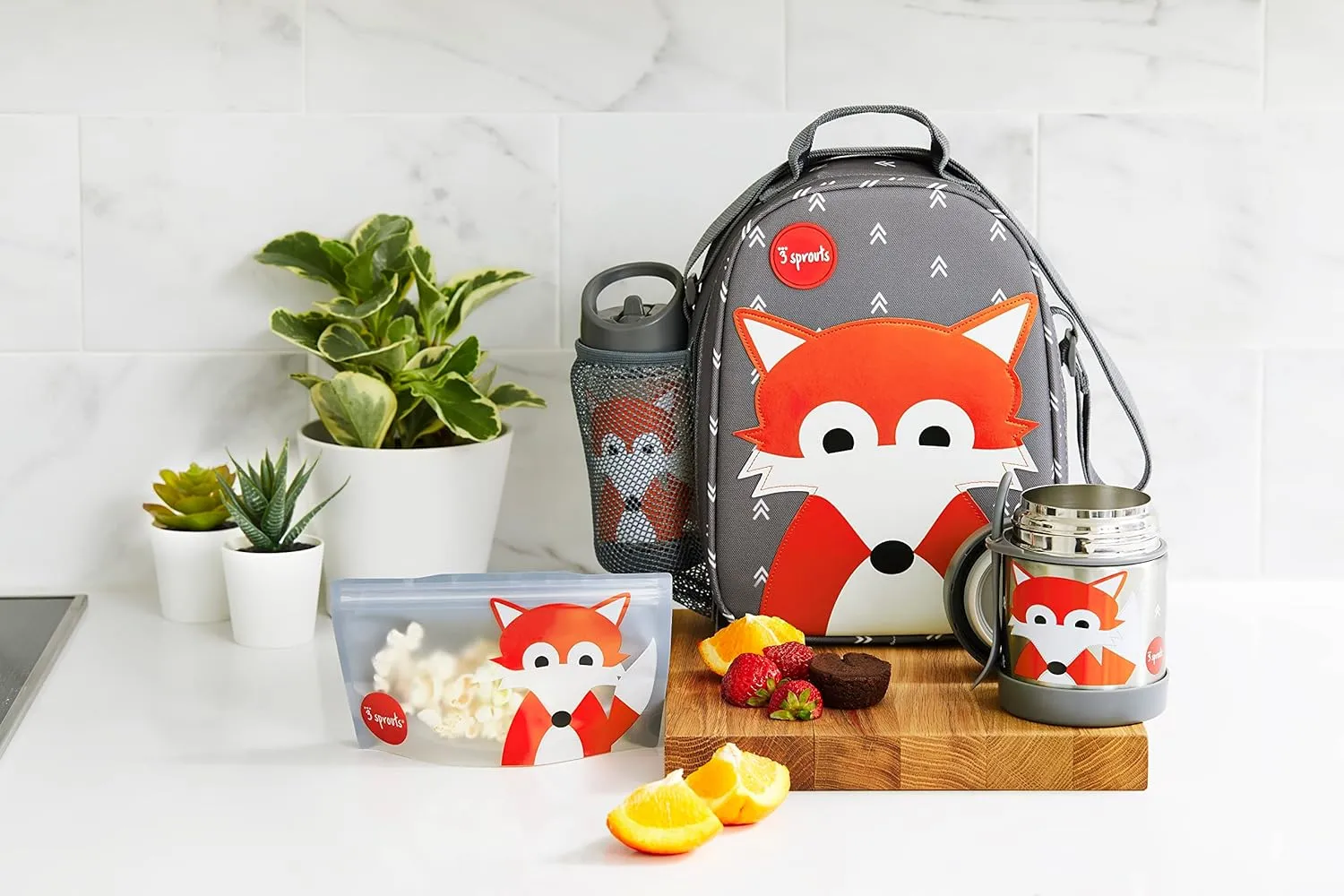 3 Sprouts Kids Lunch Bag - Durable Lunch Box for Boys and Girls - Kids Lunch Box - Perfect for Daycare, School and Travel - Insulated Fabric, Water Bottle Holder - Ideal for Children 3 , Fox