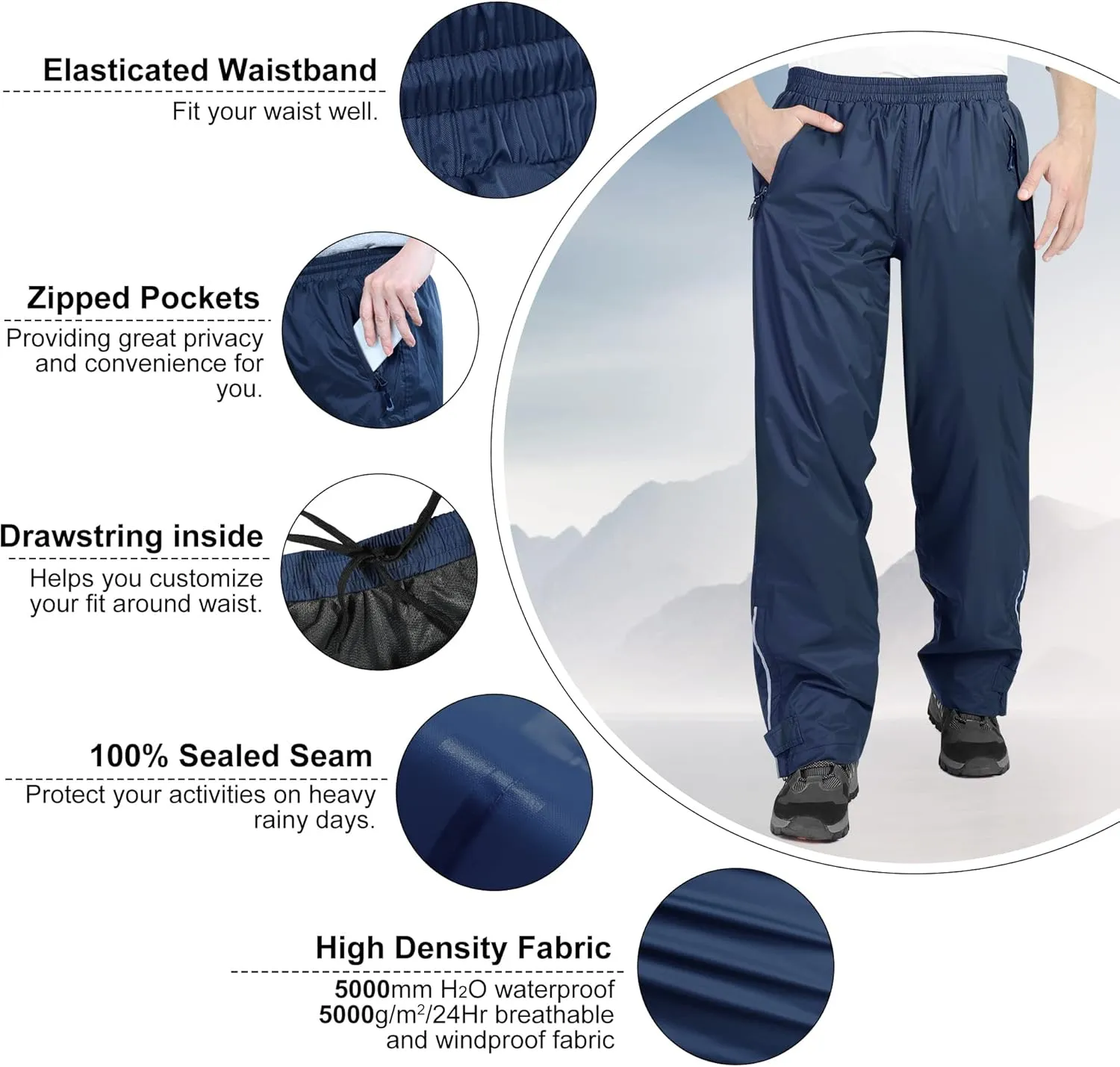 33,000ft Men's Rain Pants, Waterproof Rain Over Pants, Windproof Outdoor Pants for Hiking, Fishing