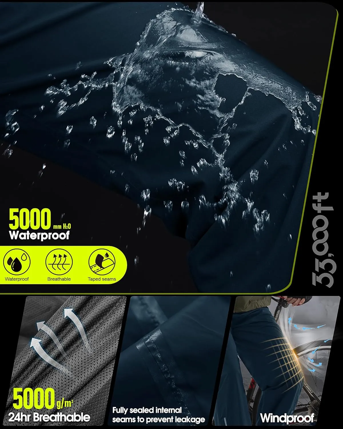 33,000ft Men's Rain Pants Waterproof, Windproof Lightweight Outdoor Rain Over Pants for Fishing Golf Work Hiking