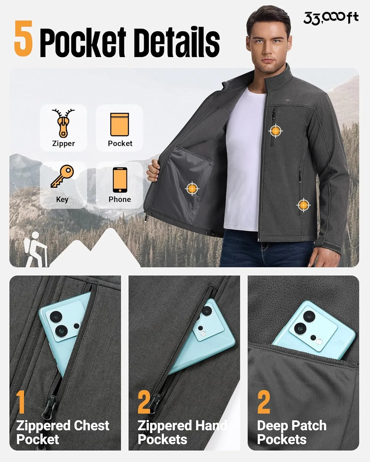 33,000ft Men's Waterproof Softshell Jacket Warm Fleece Lined Windbreaker Lightweight Soft Shell for Travel Hiking Golf