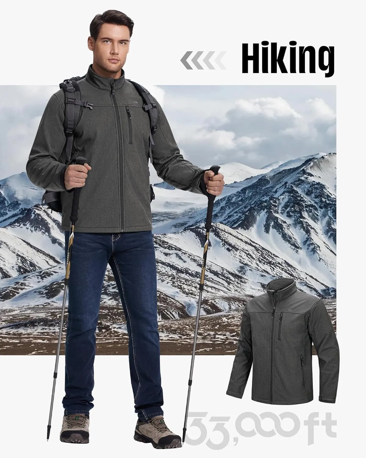 33,000ft Men's Waterproof Softshell Jacket Warm Fleece Lined Windbreaker Lightweight Soft Shell for Travel Hiking Golf