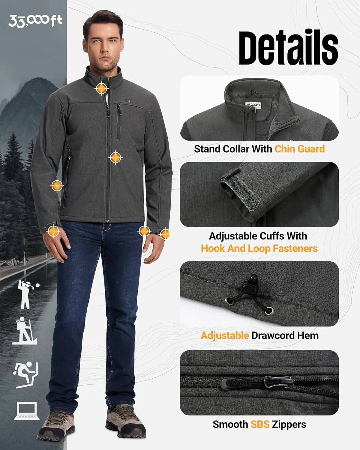 33,000ft Men's Waterproof Softshell Jacket Warm Fleece Lined Windbreaker Lightweight Soft Shell for Travel Hiking Golf