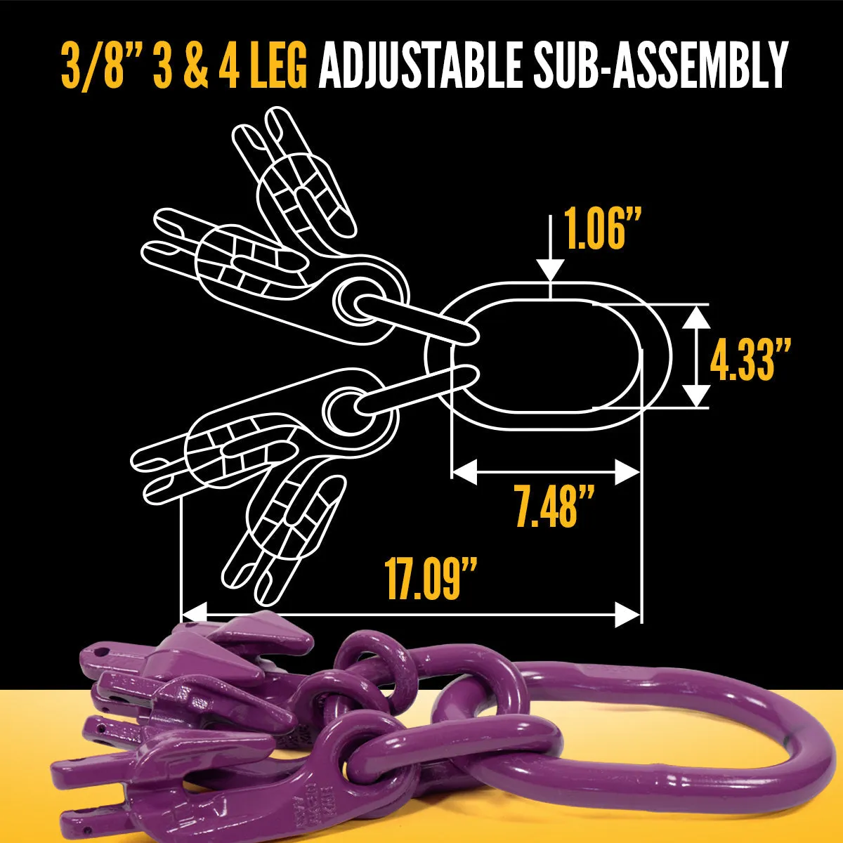 3/8" x 10' - Adjustable 3 Leg Chain Sling w/ Self-Locking Hooks - Grade 100