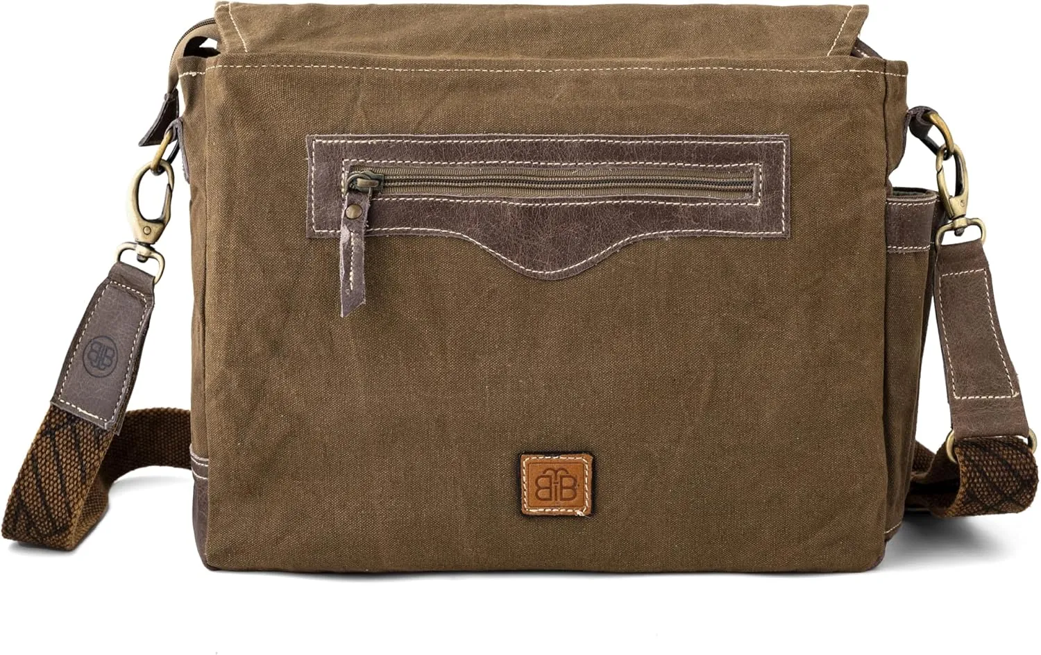 3B-Route 66Upcycled Vintage Military Leather Canvas Shoulder Bag Laptop Messenger Bags Medium Crossbody Purse with 2 Straps
