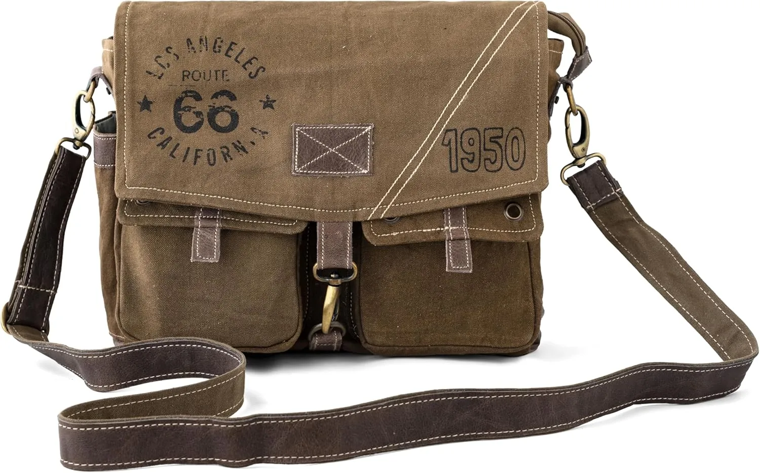 3B-Route 66Upcycled Vintage Military Leather Canvas Shoulder Bag Laptop Messenger Bags Medium Crossbody Purse with 2 Straps