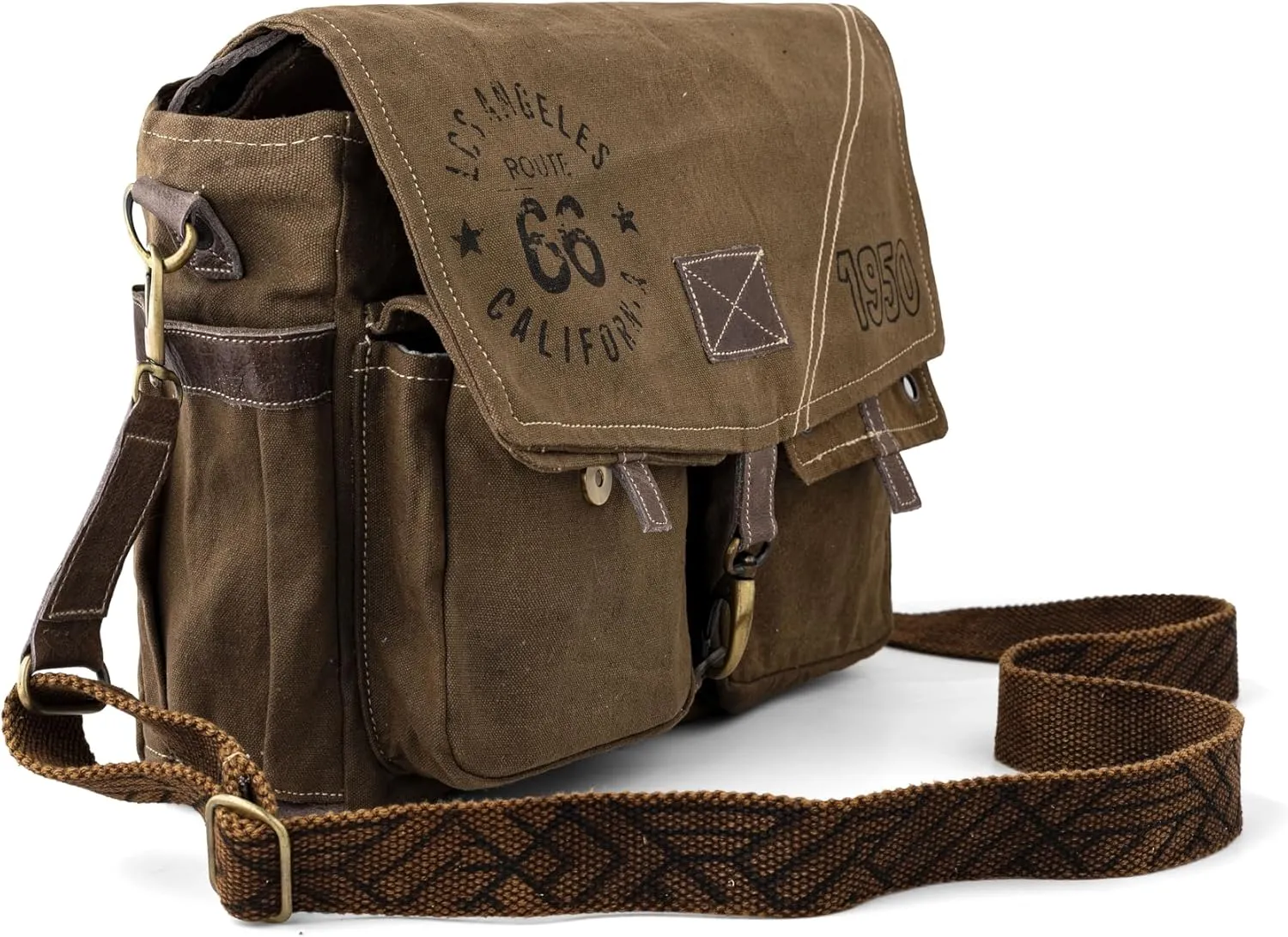 3B-Route 66Upcycled Vintage Military Leather Canvas Shoulder Bag Laptop Messenger Bags Medium Crossbody Purse with 2 Straps