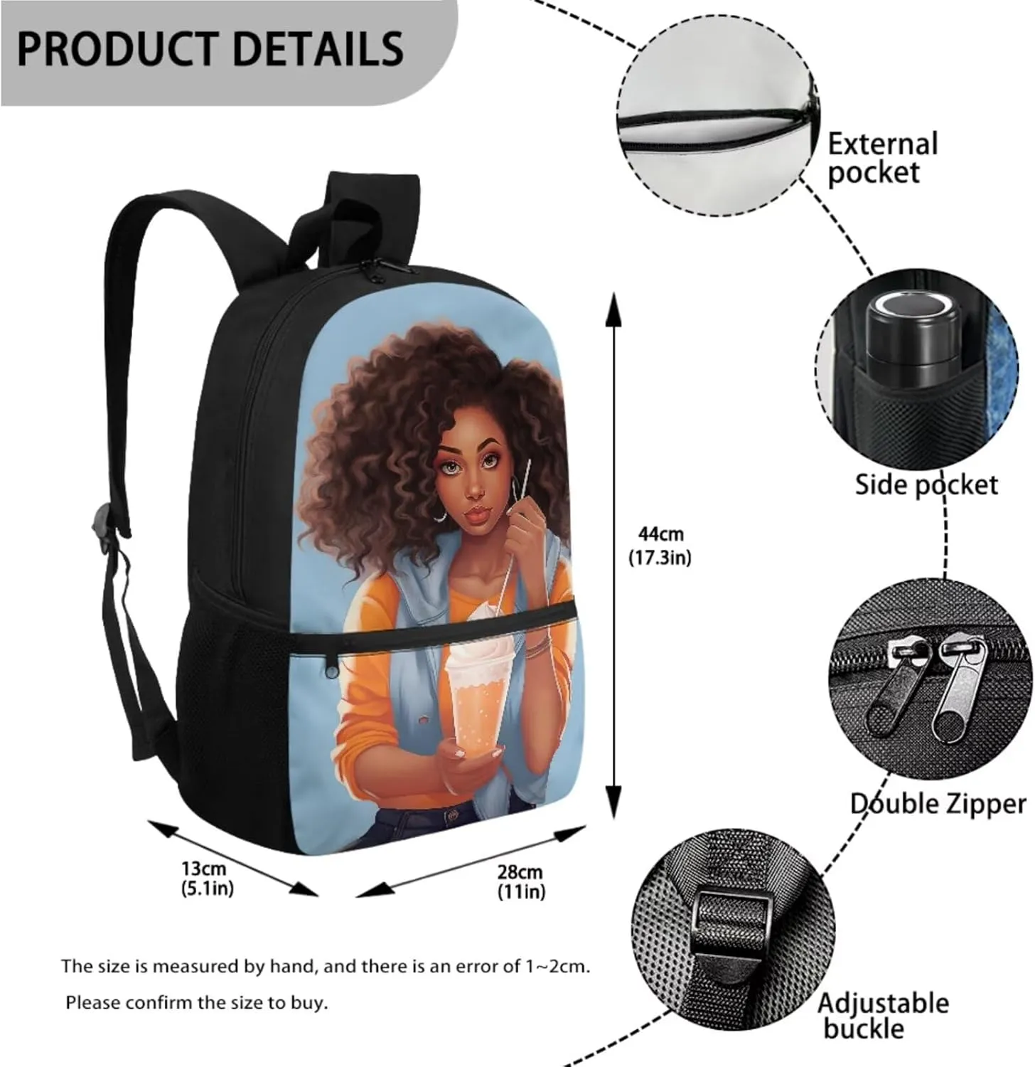 4 Pcs African American Women Backpack Set for Girls, Blue Student Travel Backpack Shoulder Crossbody Lunch Bag Rucksack Water Cup Cover Pencil Case Organizer for Purse Fountain Pens