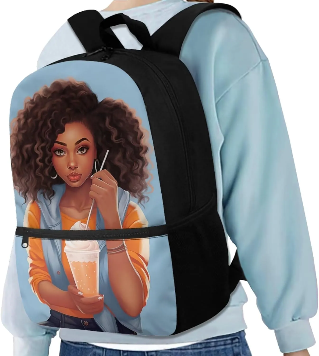 4 Pcs African American Women Backpack Set for Girls, Blue Student Travel Backpack Shoulder Crossbody Lunch Bag Rucksack Water Cup Cover Pencil Case Organizer for Purse Fountain Pens