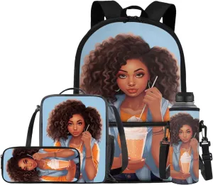 4 Pcs African American Women Backpack Set for Girls, Blue Student Travel Backpack Shoulder Crossbody Lunch Bag Rucksack Water Cup Cover Pencil Case Organizer for Purse Fountain Pens