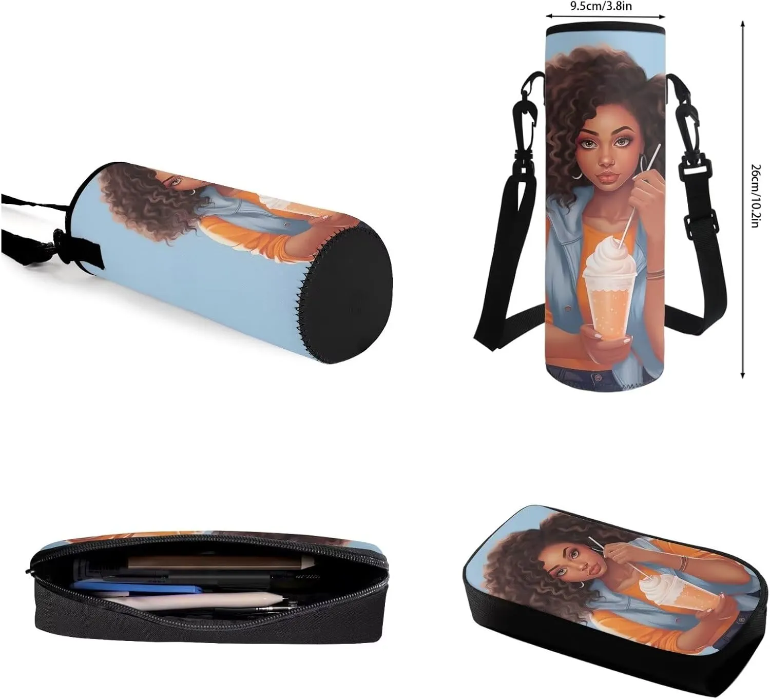 4 Pcs African American Women Backpack Set for Girls, Blue Student Travel Backpack Shoulder Crossbody Lunch Bag Rucksack Water Cup Cover Pencil Case Organizer for Purse Fountain Pens