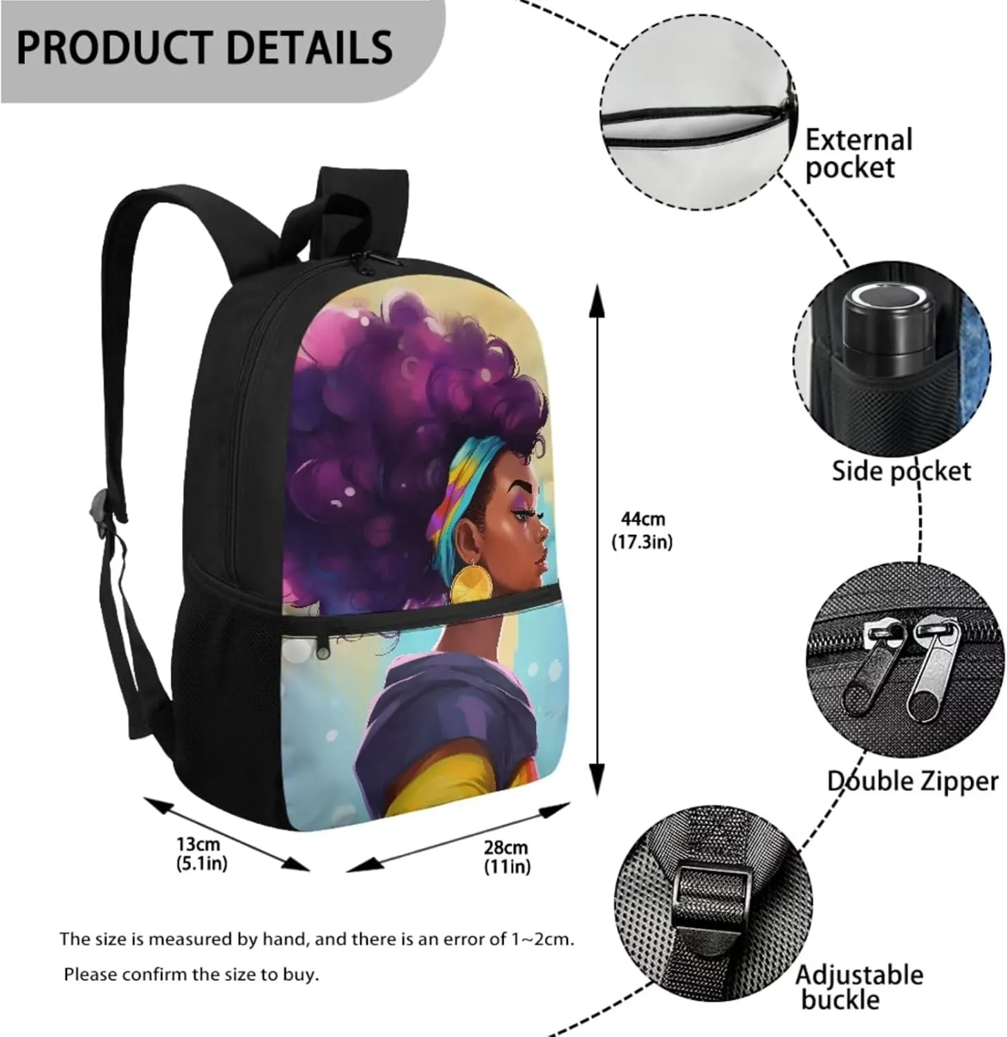 4 PCS African Black Woman Backpack Set, Girls School Backpacks Bookbag Schoolbag Lunch Tote Bag Pencil Case Water Bottle Carrier Bag Daypack with Zipper Front Pocket for Women College